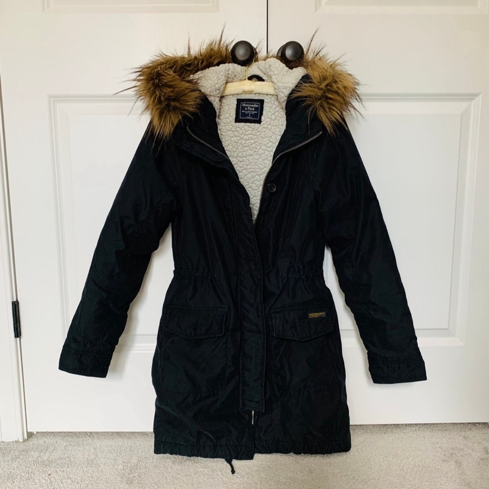 Abercrombie Women's Black Parka Coat with Faux Fur Hood